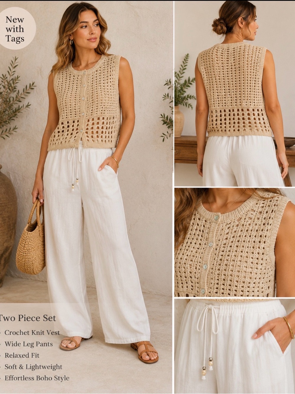 House of Harlow 1960 Crochet Knit Vest and Wide Leg Pants Set in Beige and White